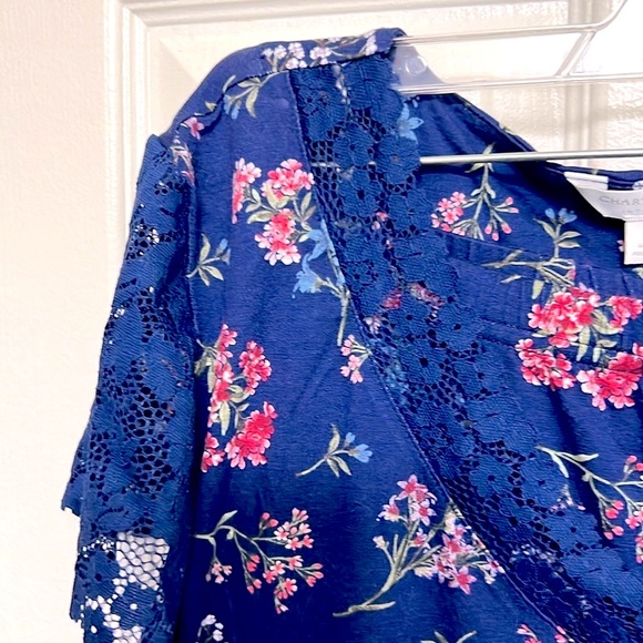 NWT 🛌  CHARTER CLUB BLUE FLORAL LACE TRIM SHORT SLEEVE PAJAMA SET Women L 12/14 - Picture 5 of 13